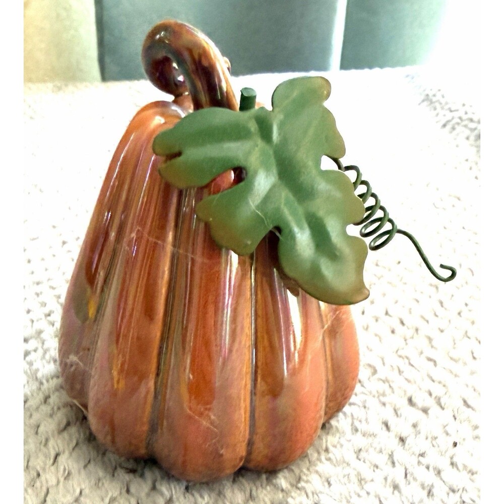 Orange Ceramic Pumpkin With Metal Leaves